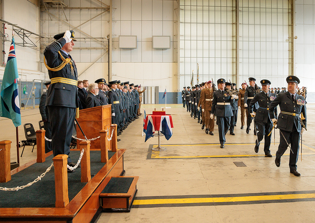 Chief of Air Staff, Air Chief Marshal Harv Smyth, accepts the salute during the parade march past of RAF Brize Norton, and 47 Air Despatch (AD) Squadron Royal Logistic Corps, personnel.